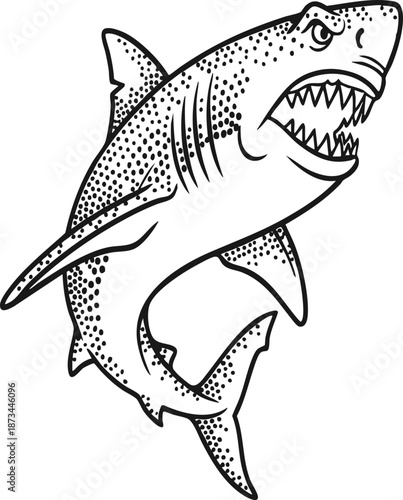 Clean Simple Vector Classic American Traditional Great White Shark Flash Design Tattoos, Stipple Dot Shading Sharks SVG. Also see Great White, Tiger Shark, Mako Sharks. Vinyl Cricut Cutters