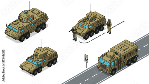 Isometric military vehicles and soldiers on duty with road elements