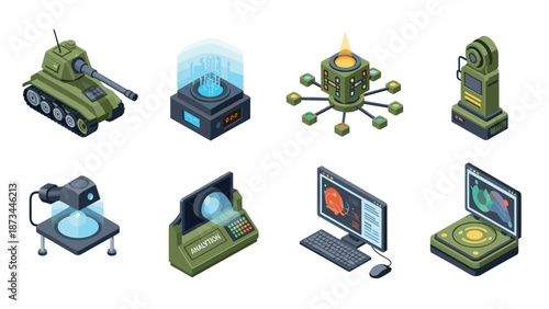 Isometric futuristic military technology and communication devices set