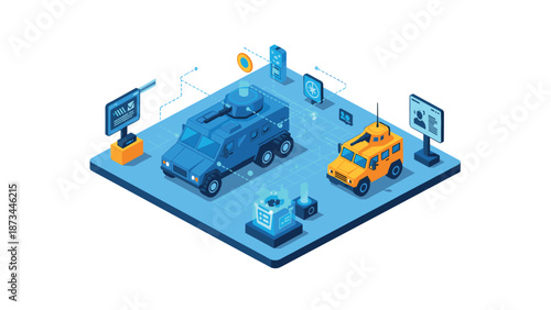 Isometric autonomous vehicles on futuristic digital platform with data interfaces