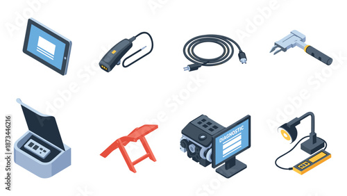 Isometric automotive diagnostic tools: tablet, scanner, cables, caliper, engine, lamp