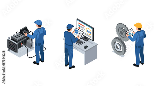 Isometric industrial workers engaged in engineering, equipment inspection, and data analysis