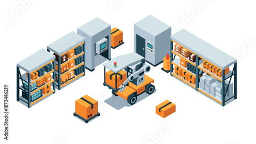 Isometric warehouse automation scene with robot and shelves