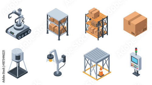 Isometric warehouse elements: robotics, packaging, and storage solutions