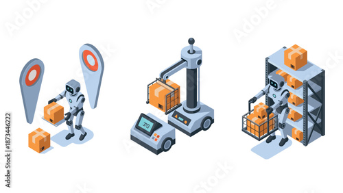 Futuristic warehouse automation with robots in isometric style