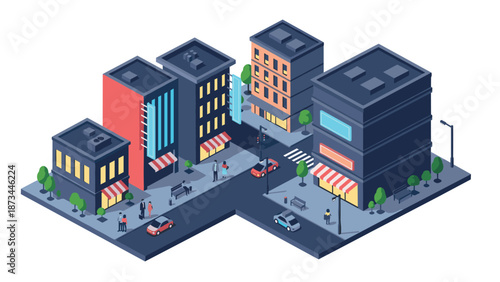 Isometric cityscape with urban buildings and streets in vibrant colors