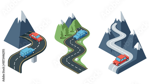 Isometric mountain road journey with cars in scenic landscape design