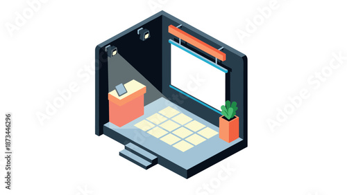 Modern isometric conference room with podium and projection screen