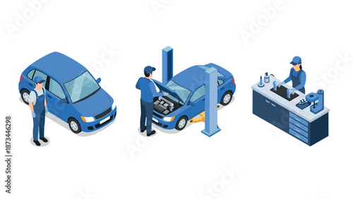Isometric car maintenance: mechanics at work in auto service garage