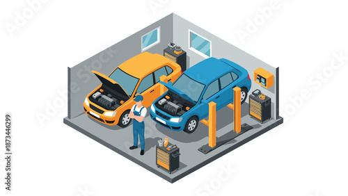 Isometric car repair shop scene with two cars and mechanic in garage setting