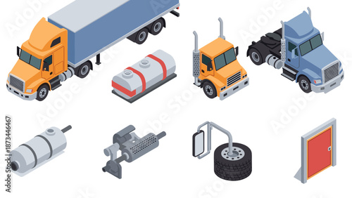 Isometric truck and equipment set featuring trailer, tank, exhaust system, tires, and door