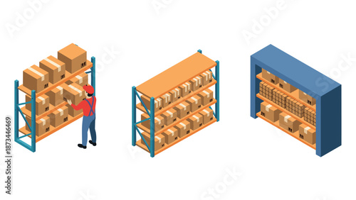 Warehouse organizing with worker arranging and managing boxes on orange and blue industrial shelves in isometric style