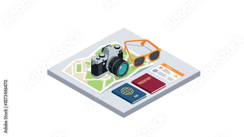 Isometric travel essentials featuring camera, map, and passport on table