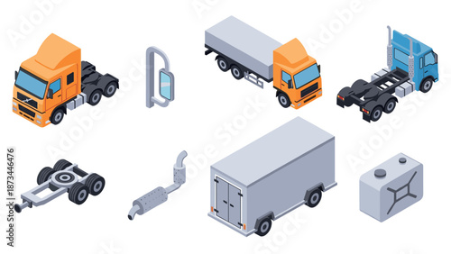 Isometric cargo trucks and parts set