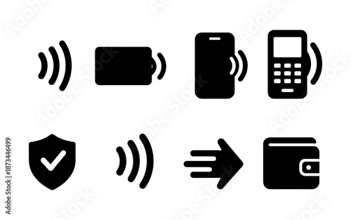 Contactless payment icons: phone, card, terminal, wallet, shield, and arrow
