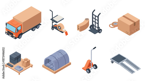 Isometric set of logistics and delivery equipment icons for warehouse management