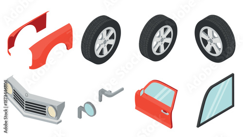 Isometric car parts set including tires, bumpers, and windows for auto design