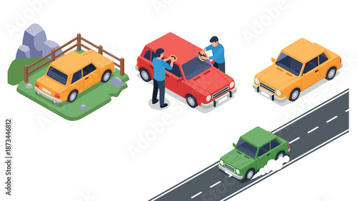 Isometric car maintenance and driving scene with colorful vehicles
