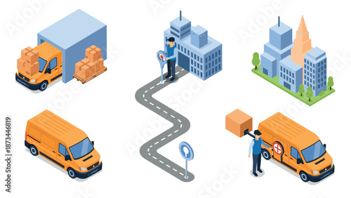 Delivery and logistics concept with cargo vans and city buildings in isometric style