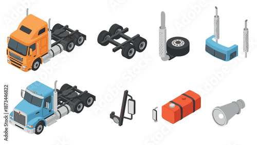 Isometric semi truck components with chassis, exhaust, and cab elements