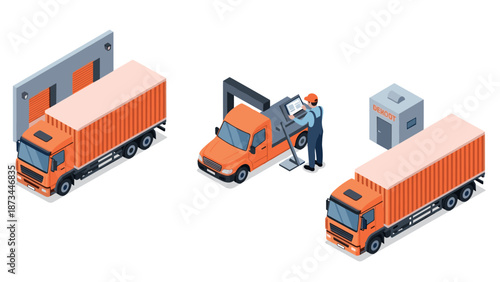 Orange trucks at a logistics center with worker operating machinery in isometric style