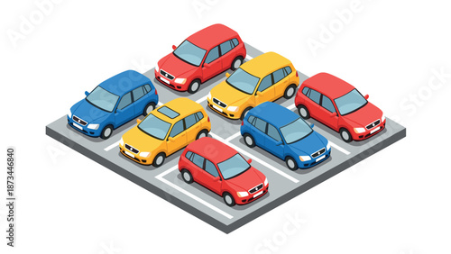 Isometric view of colorful cars in parking lot