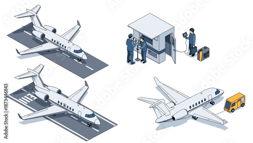 Private jets and travel: isometric airport scenes with check-in and refueling