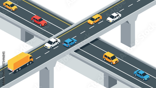 Isometric highways with colorful cars on elevated intersections