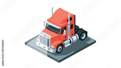 Isometric red semi truck on a parking pad