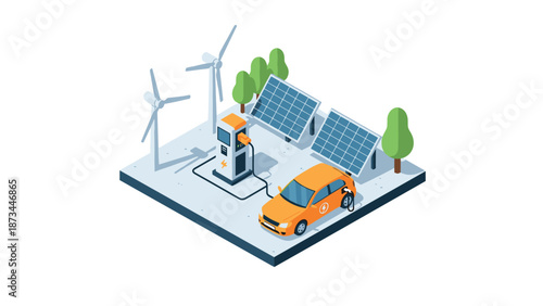 Sustainable energy scene with electric car, solar panels, and wind turbines in isometric design
