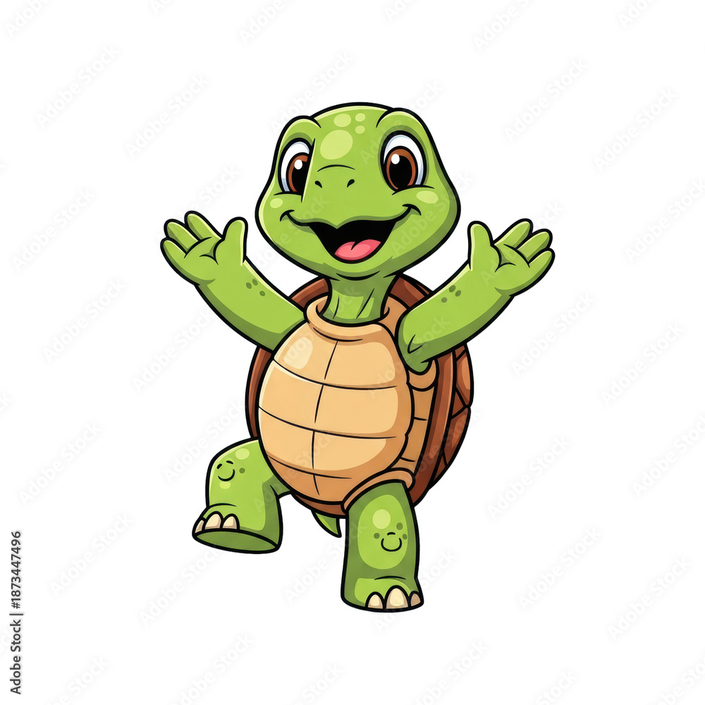 Fototapeta premium A cheerful anthropomorphic cartoon turtle mascot, featuring vibrant lime green skin and a glossy brown shell, stands exuberantly on a transparent background, arms raised in a welcoming gesture concept