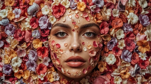 A woman's face is covered with various flowers in shades of pink, white, and orange. The floral arrangement creates a striking visual effect. This artwork explores themes of nature and identity.