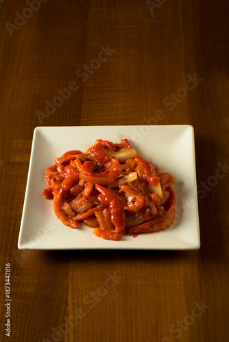 Roasted red peppers with onions