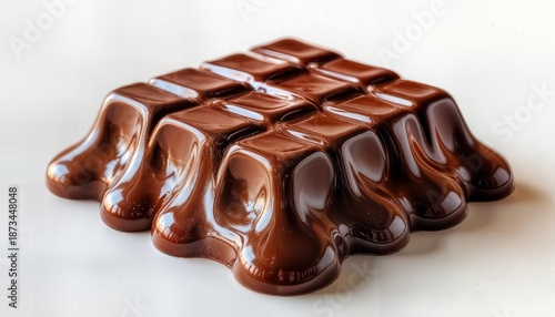 A chocolate bar rests on a smooth surface, melting slightly with glossy reflections. The rich brown color and texture create an inviting scene perfect for dessert lovers.