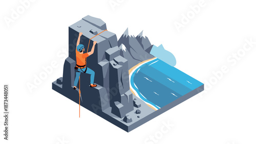 Isometric mountain climbing adventure with scenic coastal view