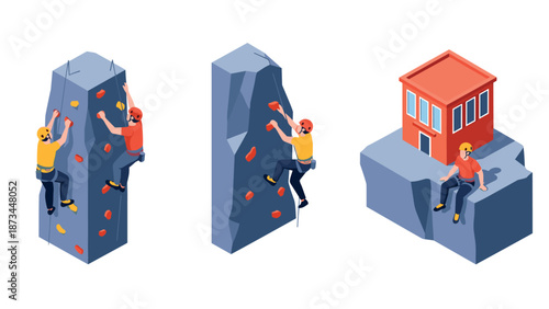 Isometric rock climbing scene with climbers and landscape elements