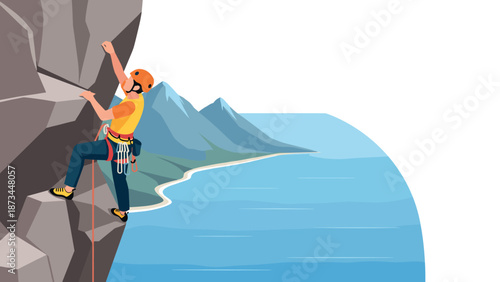Mountain climber scaling cliffside with scenic ocean view in flat style