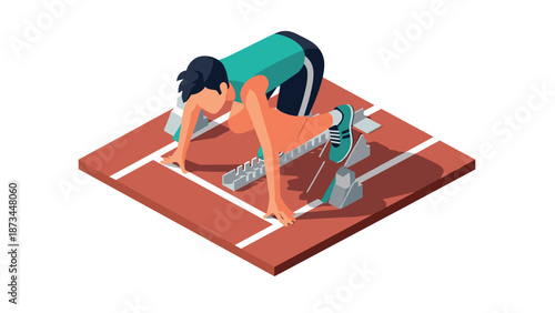 Runner in athletic pose on track, ready to sprint, isometric sports design