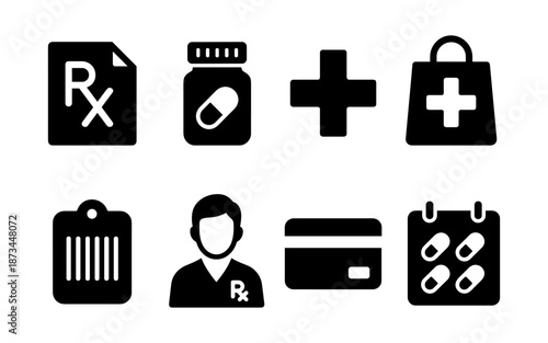 Collection of healthcare and pharmacy icons representing medical services and products