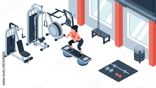 Isometric home gym design with equipment and woman exercising
