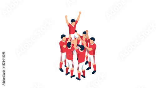 Isometric team celebration: group of soccer players cheering in red uniforms