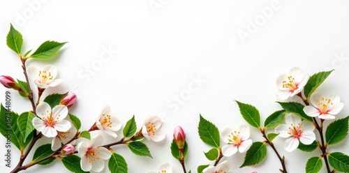 Spring blossom border with delicate white flowers and green leaves on a clean white background, motif, celebration, white
