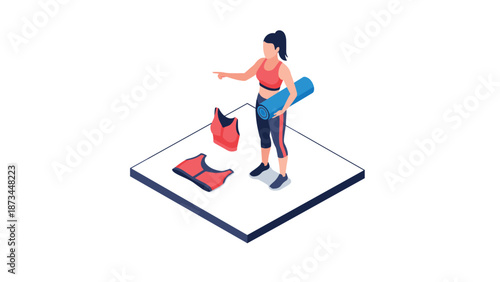 Isometric fitness scene with woman and sports gear