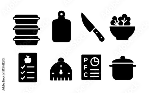Healthy eating and meal prep icons for diet and nutrition planning