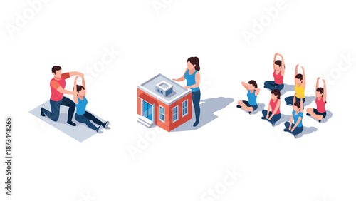 Isometric fitness class scene with instructor and students