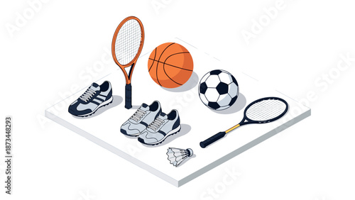 Sports equipment icons set including tennis, basketball, soccer, and badminton gear in isometric style