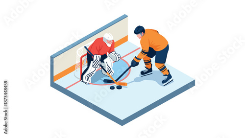 Isometric ice hockey duel: goalie vs. player in action on rink