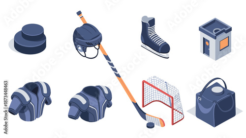 Isometric ice hockey equipment collection: stick, puck, helmet, skates, and more