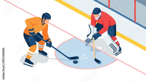 Ice hockey players competing on rink in dynamic isometric style