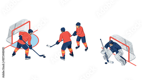 Ice hockey players in action with goalie and net in isometric style